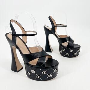 Gucci Janaya Black Leather Studded GG Platform Ankle Strap High Heel Sandals 39